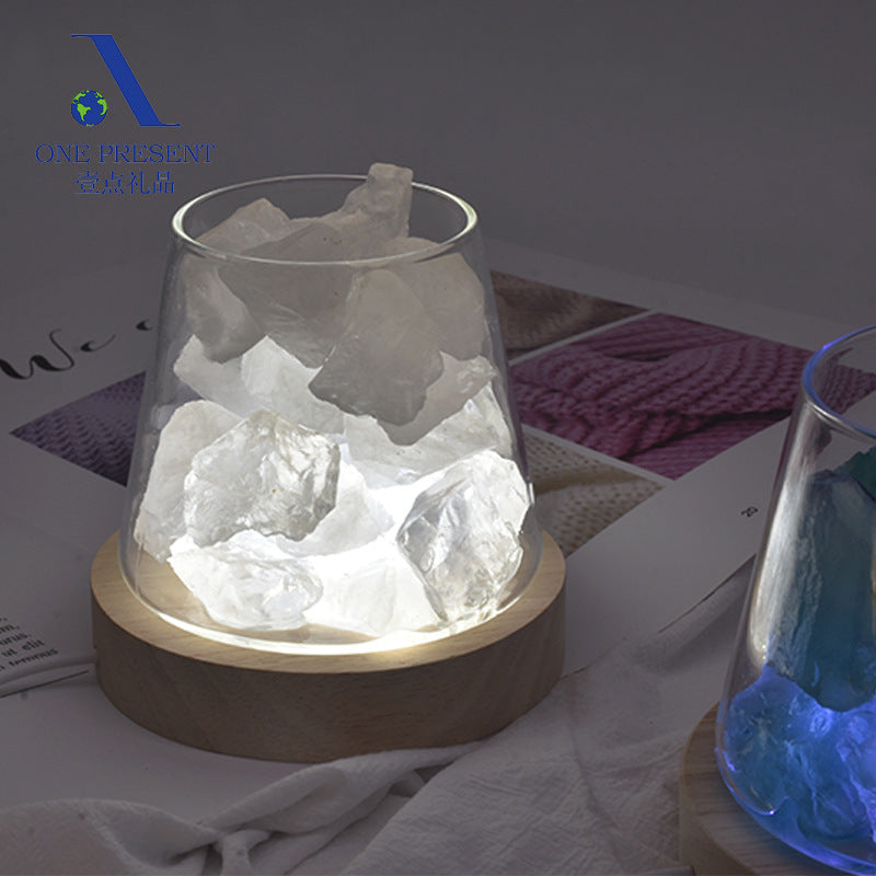 Crystal Glow LED Night Light with Wooden Base