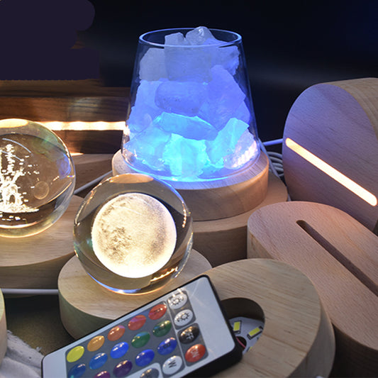 Crystal Glow LED Night Light with Wooden Base