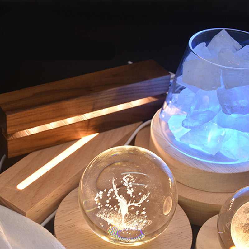 Crystal Glow LED Night Light with Wooden Base